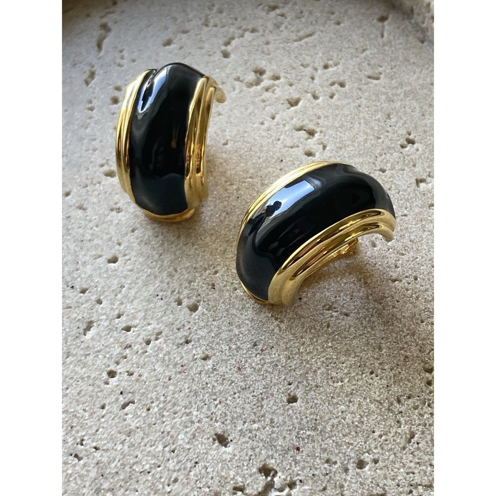 Black Enamel Gold Tone‎ Clip On Earrings Bold Half Hoop Statement Couture Glam